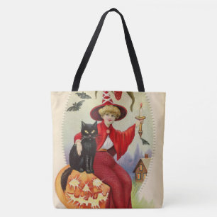 Tote Bag Sorcière d'Halloween vintage et chat noir