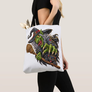 Tote Bag SORCIÈRE EFFRAYANTE avec BALAI et CHAT NOIR