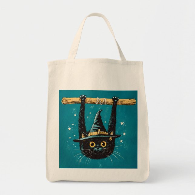 Tote Bag Sorcière éffrayante de chat noir volant (Devant)
