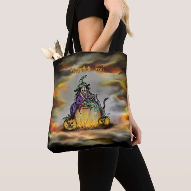 Tote Bag Sorcière et chat noir, Happy Halloween ! (De près)