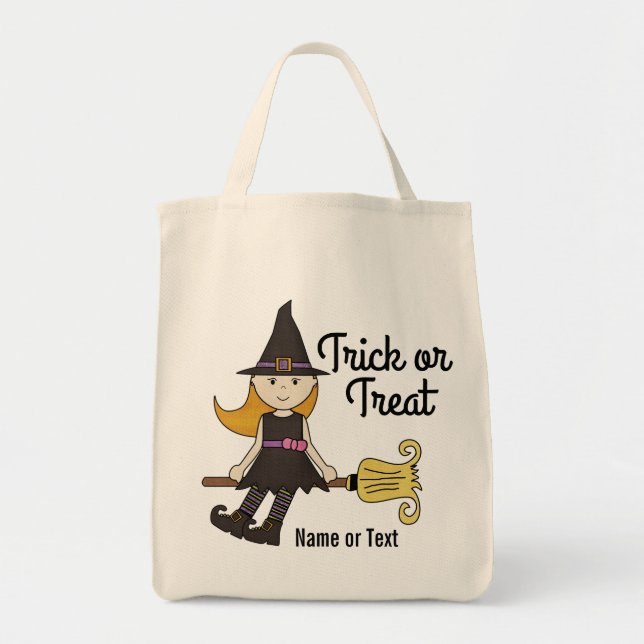 Tote Bag Sorcière mignonne de Halloween sur le bâton de (Devant)