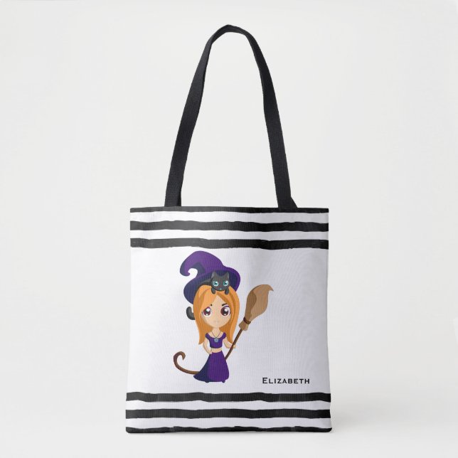 Tote Bag Sorcière mignonne en Casquette violet Halloween (Devant)