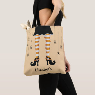 Tote Bag Sorcière orange jambes et araignées avec nom Hallo