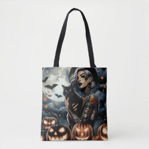 Tote Bag Sorcière tatouée et Pleine lune de chat noir Hallo