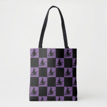 Sorcière volante à carreaux noirs et violets