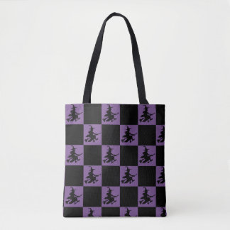 Tote Bag Sorcière volante à carreaux noirs et violets