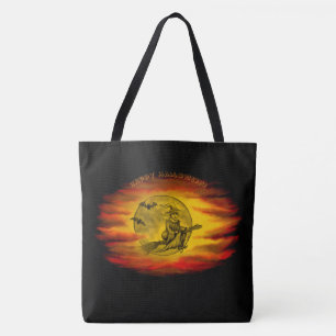 Tote Bag Sorcière volante avec chat noir, nuit halloween