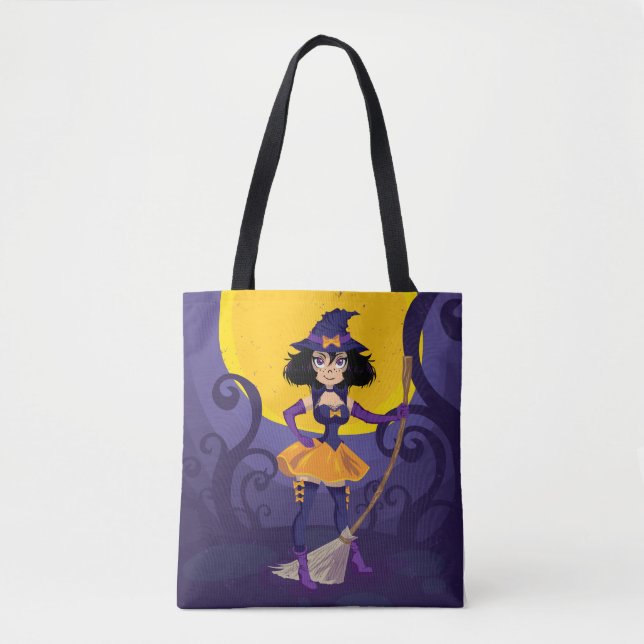 Tote Bag Sorcière Whimsical avec Broomstick et la lune (Devant)