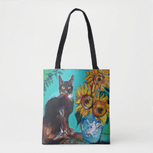 TOTE BAG SOUCHES AVEC CHAT NOIR EN TURQUOISE BLEUE