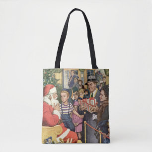 Tote Bag Souhait de Noël Vintage, Garçon sur Santa Claus La