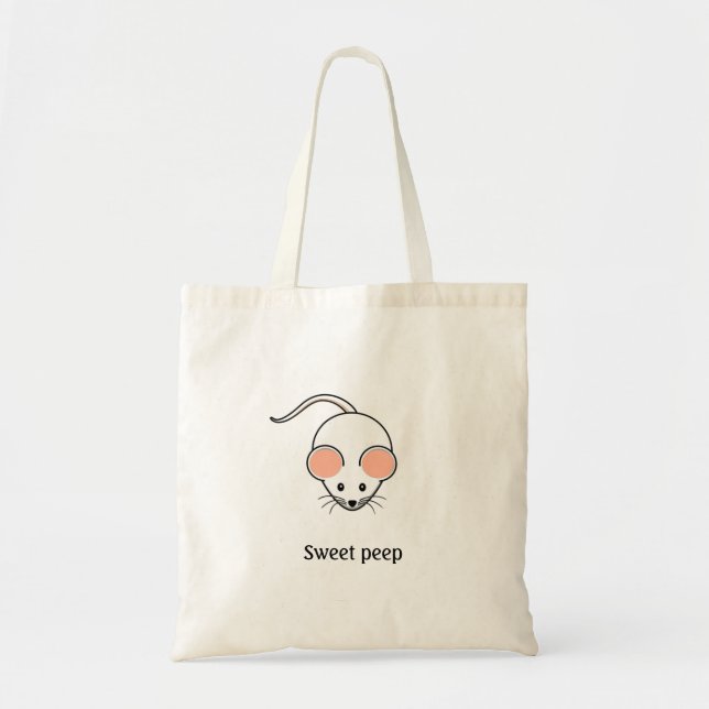 Tote Bag Souris blanche mignonne et calligraphie (Devant)
