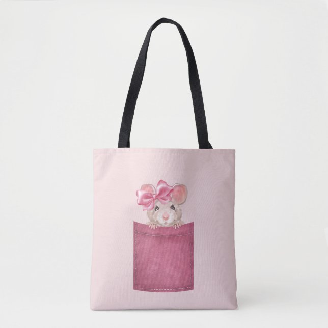 Tote Bag Souris en poche. Version rose (Devant)