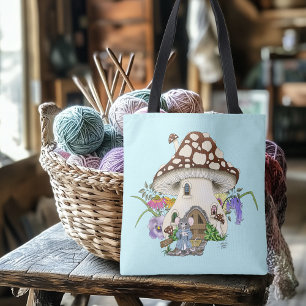 Tote Bag Souris Fantaisiste Maison Champignon Floral Bleu