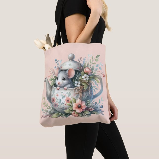 Tote Bag Souris mignonne en théière florale Illustration