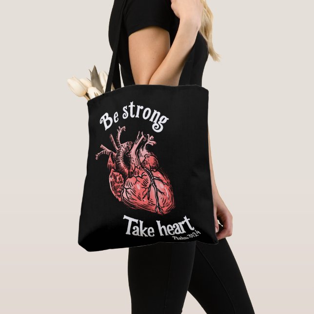 Tote Bag Soyez Fort, Prenez Coeur Noir (De près)