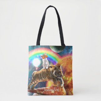 Tote Bag Space Galaxy Cat Riding Tiger sur Pizza