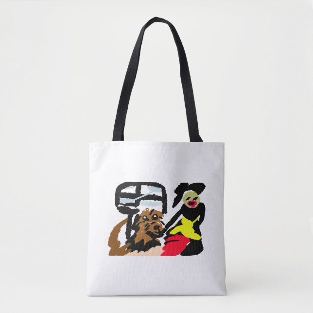 Tote Bag Spaniel d'eau américain et dame marchant (Devant)