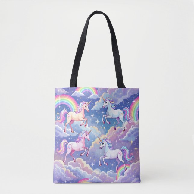 Tote Bag Sparkly rainbow and unicorns on clouds (Devant)