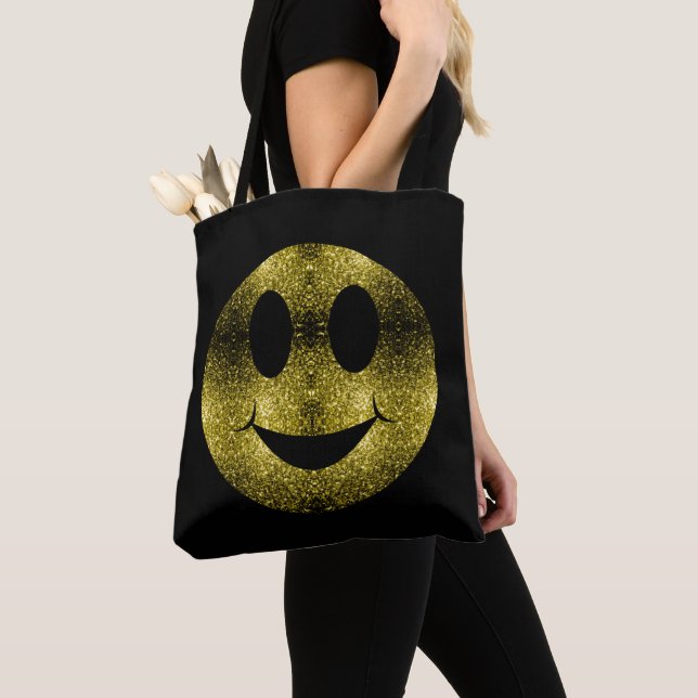 Tote Bag Sparkly Smile face or jaune éclatant sur noir (De près)