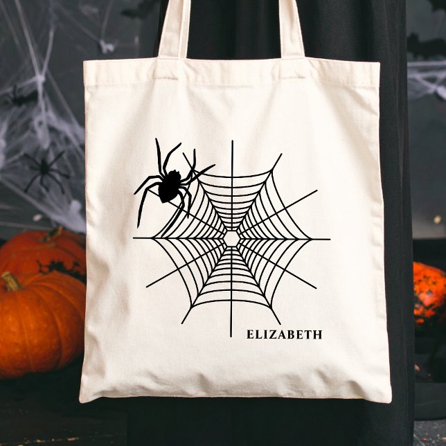 Tote Bag Spider Et Spiderweb Avec Nom Simple Halloween (Disclaimer: This image is a digital mockup.)