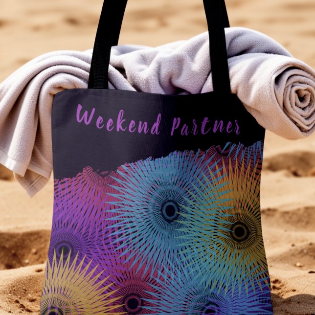 Tote Bag Spirale Géométrique Colorée (Weekend vibes tote brings color to the beach. custom text.)