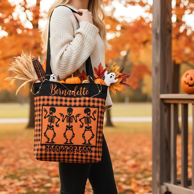 Tote Bag Spooky Season Skeleton Trio Orange & Black Plaid  (Créateur téléchargé)