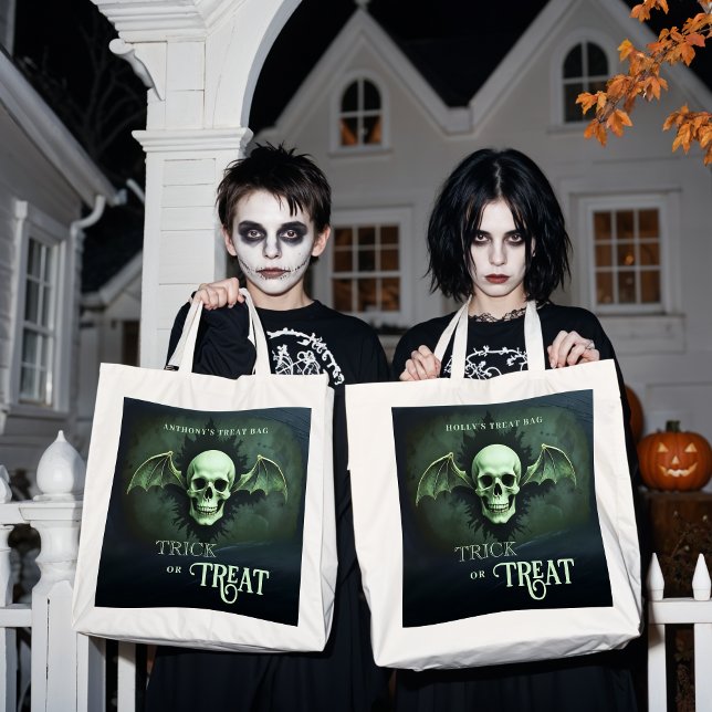 Tote Bag Spooky Trick or Treat Skull with Bat Wings (Spooky Trick or Treat Skull with Bat Wings with Name's Treat Tote Bags.)