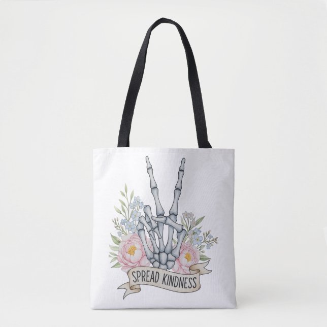 Tote Bag "Spread Kindness" Skeleton Peace Sign – Watercolor (Devant)
