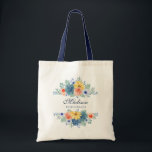 Tote Bag Spring Floral Moderne Nom personnalisé | MARIAGE<br><div class="desc">Ce design moderne présente une floraison printanière en joli corail, jaune, turquoise et bleu marine avec votre nom personnalisé avec "Bridesmaid" ci-dessous en typographie bleu marine. Personnalisez en modifiant le texte dans la zone de texte fournie. #mariage #mariages #bridesmaid #bridesmaidcadeaux #bridalparty #bridalpartydons #faveurs #cadeaux #floral #fleurs #botanical #personalisé #nom #moderne...</div>