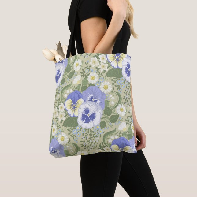 Tote Bag Spring Garden flowers on sage (De près)