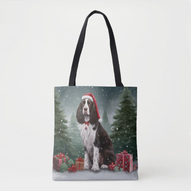 Tote Bag Springer Spaniel Chien dans la neige Noël (Devant)