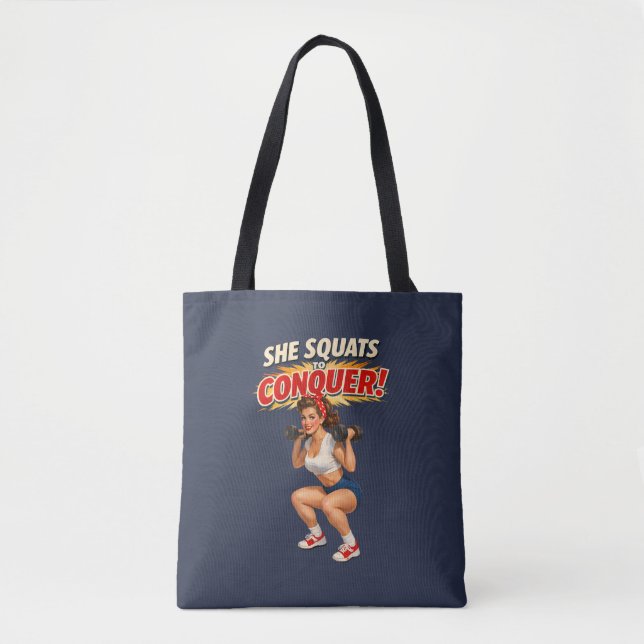 Tote Bag Squats Conquer Funny Retro Pin-Up Motivational Gym (Devant)