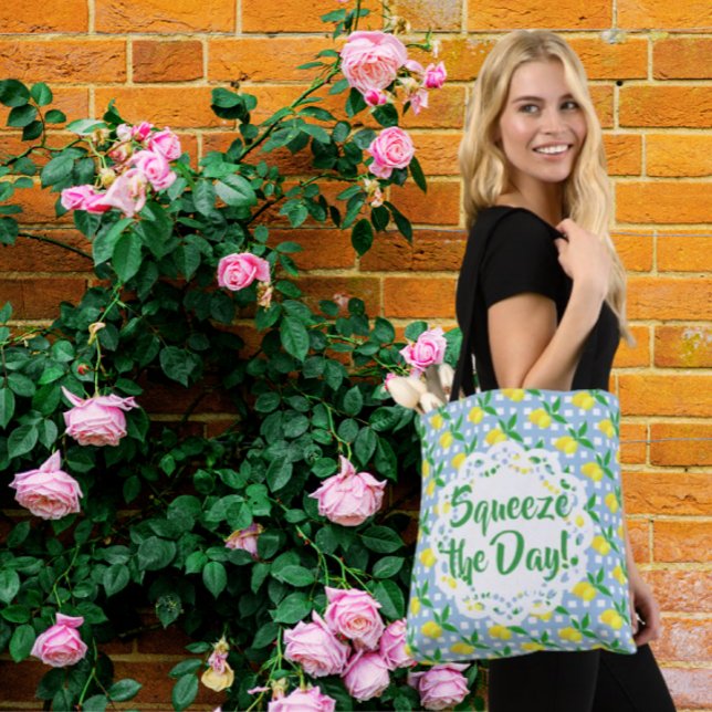 Tote Bag Squeeze The Day Yellow Lemons Blue White Check (Start the day with a squeeze!)