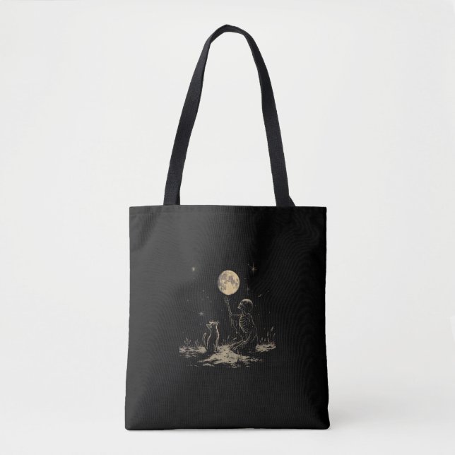 Tote Bag Squelette Chat Pleine lune Machine Goth Dark Art S (Devant)