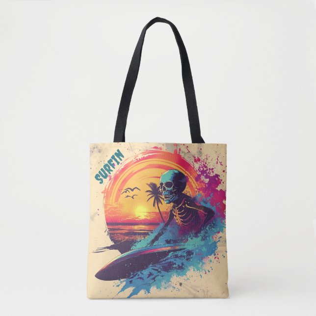 Tote Bag Squelette Surfer Vibrant Bleu violet rose Tropical (Devant)