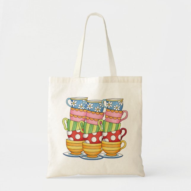 Tote Bag Stacked Teacups Teatime Illustration (Devant)