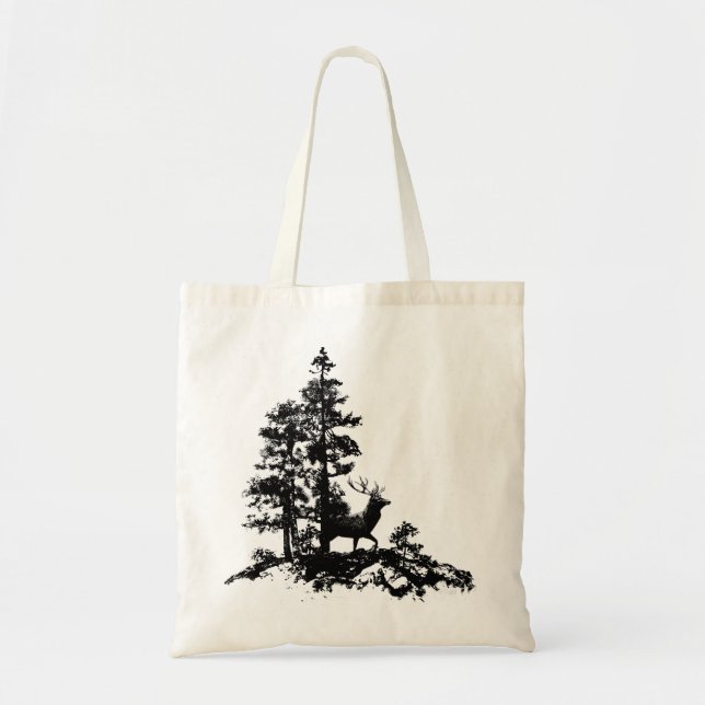 Tote Bag Stade Deer Tree Forêt Animal Silhouette Nature Art (Devant)