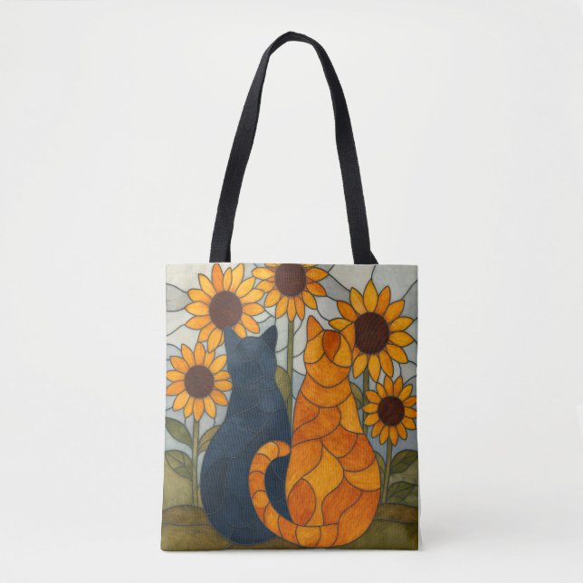 Tote Bag Stained Glass Cats and Sunflowers Art Design (Devant)