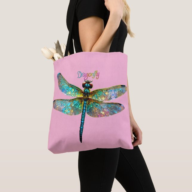 Tote Bag Stained Glass Colorful Dragonfly (De près)