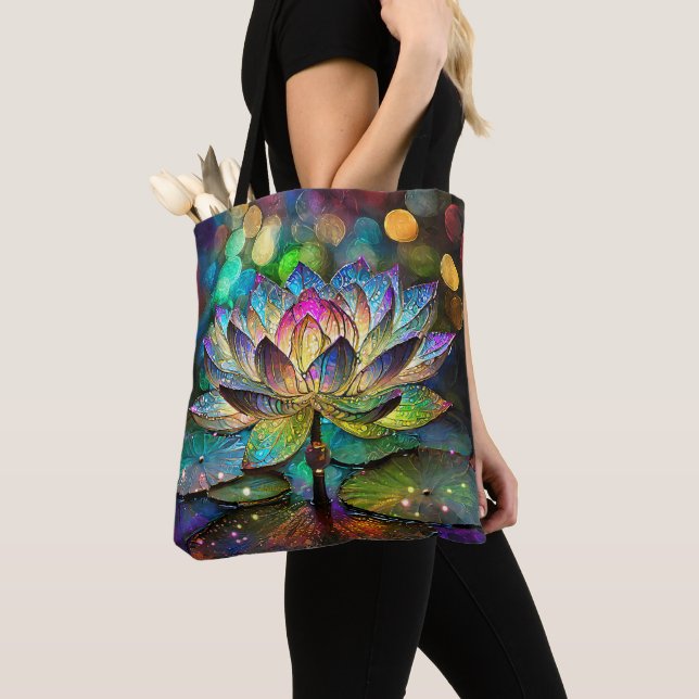 Tote Bag Stained Glass Vibrant Lotus Flower (De près)