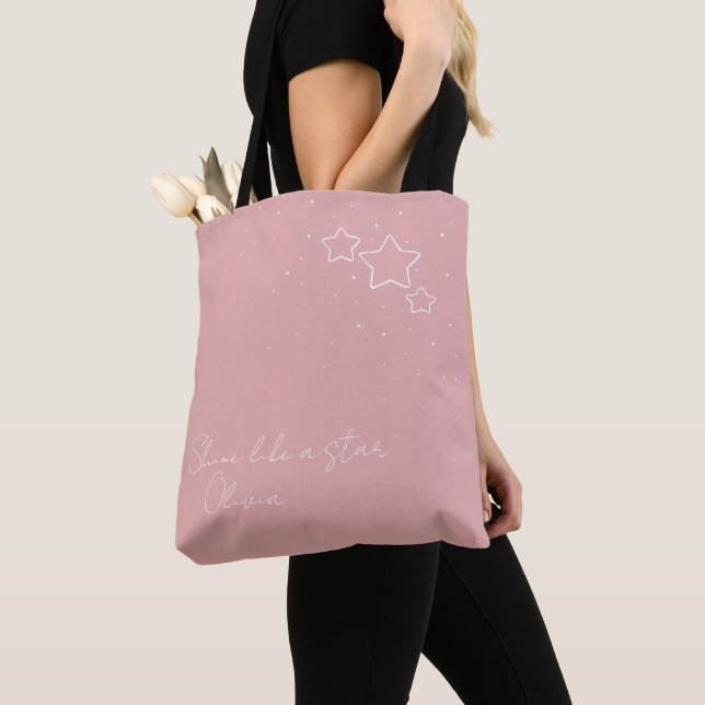 Tote Bag Star Trio en rose et blanc avec message et nom (De près)