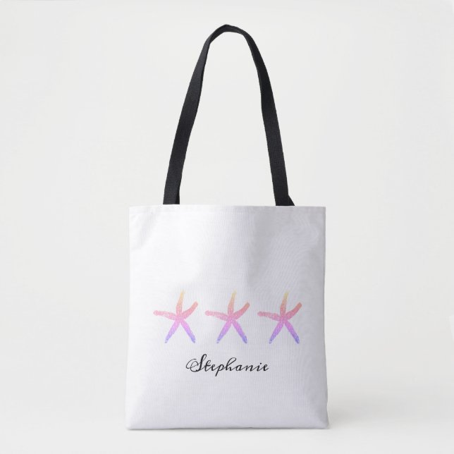Tote Bag Starfish Cute Nautical Beach Monogrammes rose Blan (Devant)