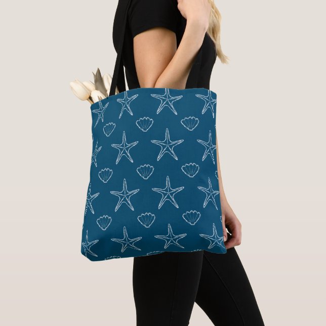 Tote Bag Starfish Seashell Croquis Motif Sur Ocean Blue (De près)