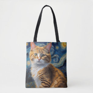 Tote Bag Starry Night Art with a Cat