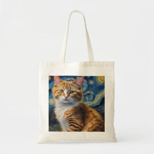 Tote Bag Starry Night Art with a Cat