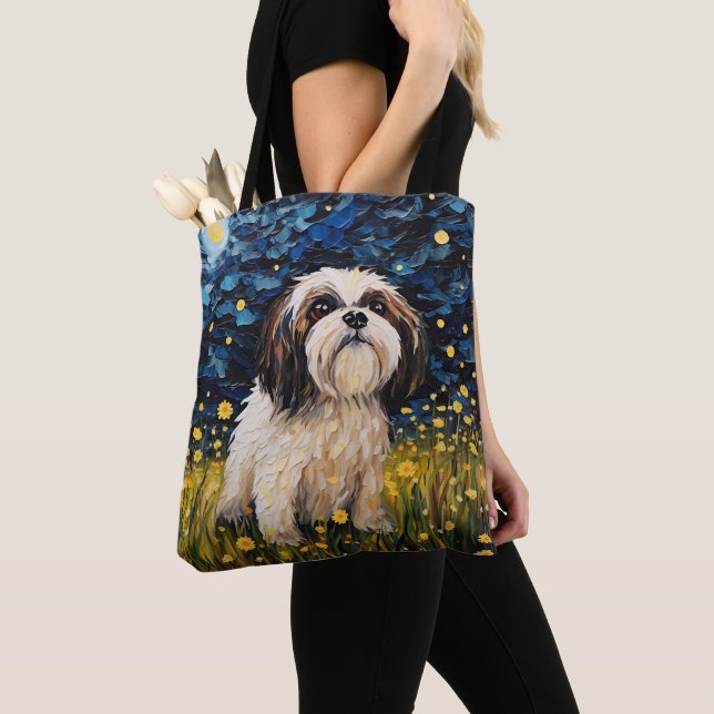 TOTE BAG STARRY NIGHT THEMEME LHASA APSO CHIEN (De près)