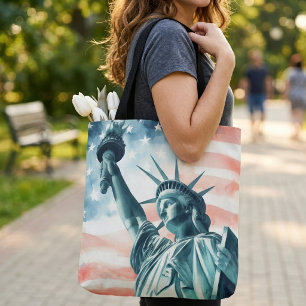 Tote Bag Statue de la Liberté à l'aquarelle avec drapeau am