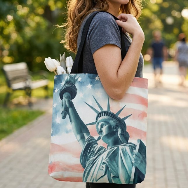 Tote Bag Statue de la Liberté à l'aquarelle avec drapeau am (Watercolor Statue of Liberty with American flag. Tote Bag)
