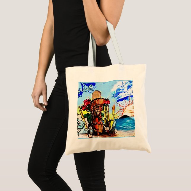 Tote Bag Statue de Tiki avec Menehune et Hibiscus (Devant (produit))