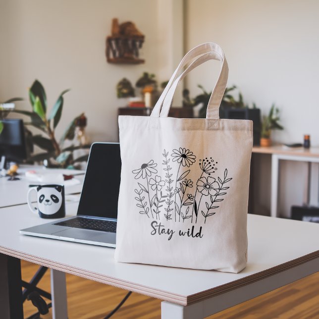 Tote Bag Stay Wild Floral Boho Line Art (Créateur téléchargé)